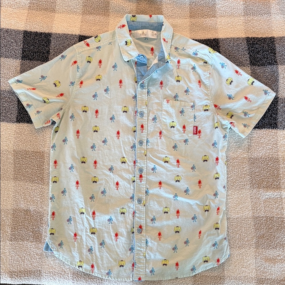 Disney Light Blue Button-Down Shirt with Marvel Character Pattern